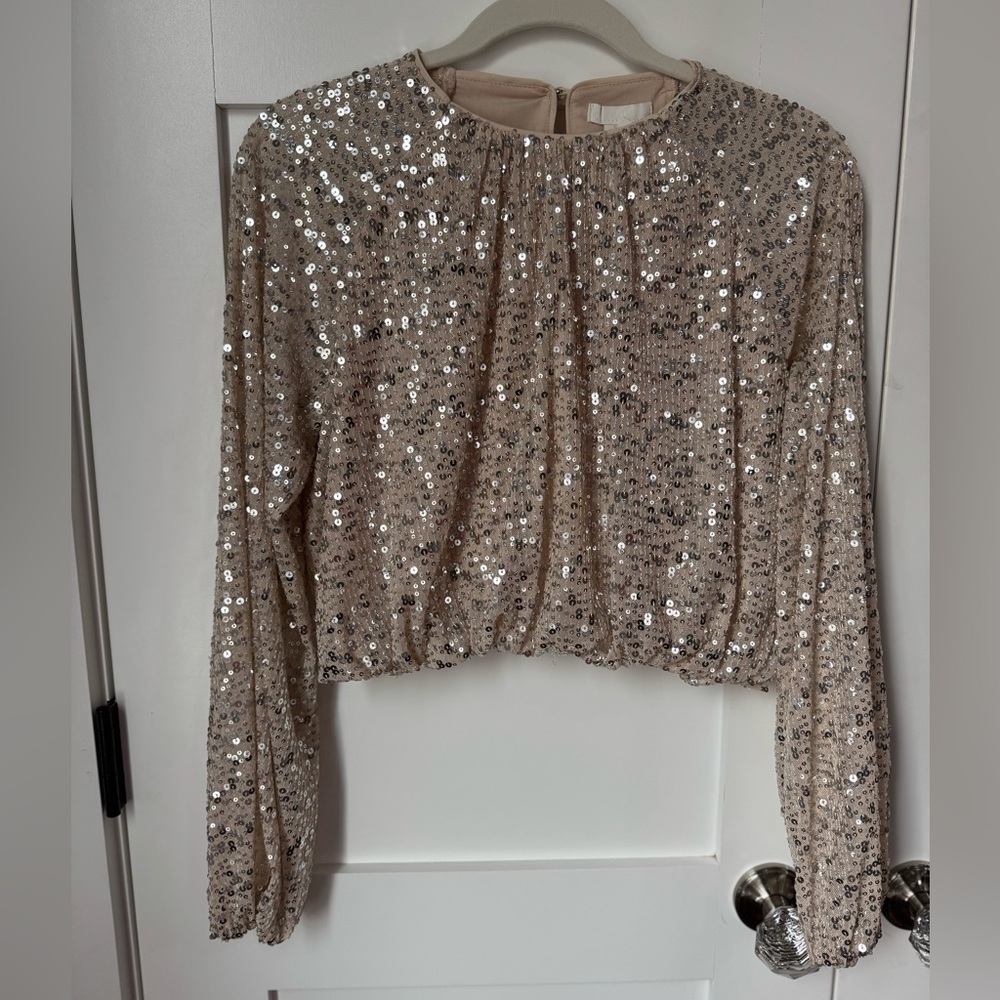 H&M Sparkling Beige Sequin Blouse size S - Picture 2 of 7